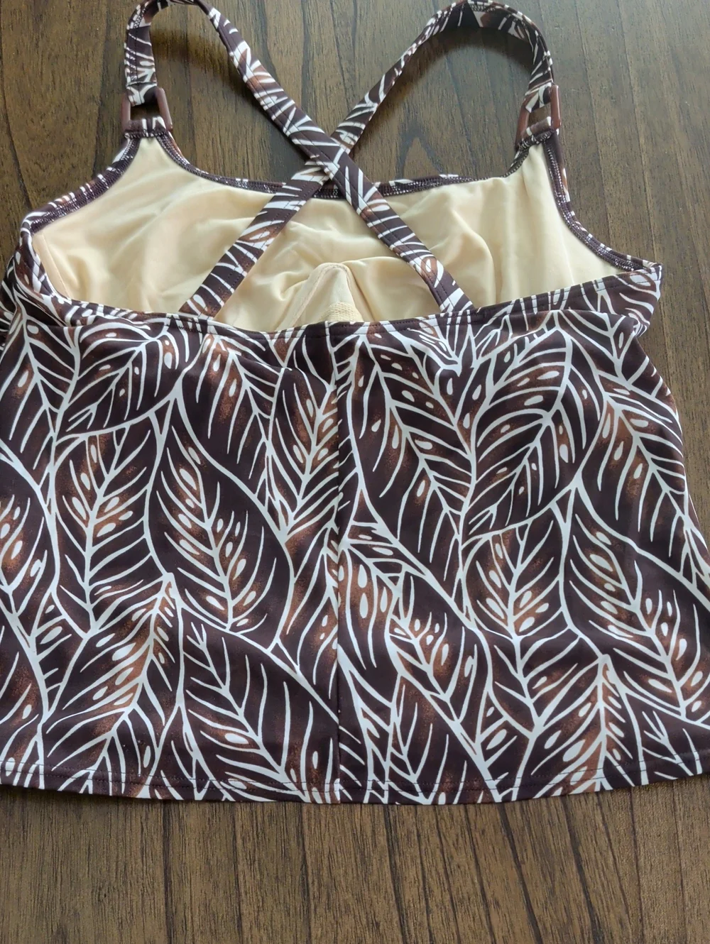 Lands' End Brown and White Leaf-Print Swim Tankini Top